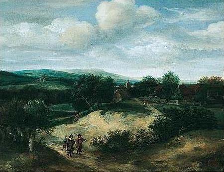Landscape with huntsmen on a track before a village, Jacob Koninck